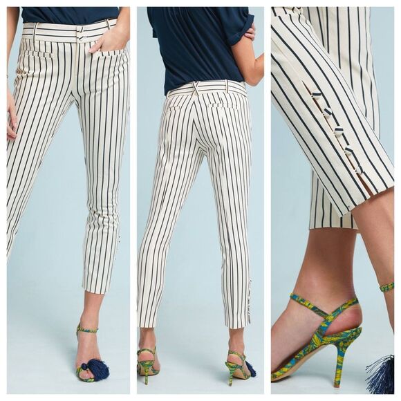 Anthropologie Essential Slim Pinstriped‎ Pants Mid -Rise Cream Navy size 0 - Picture 1 of 16
